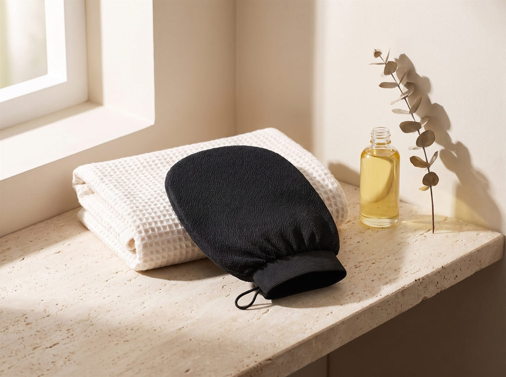 Exfoliating mitt on a stone bathroom shelf with a towel and body oil