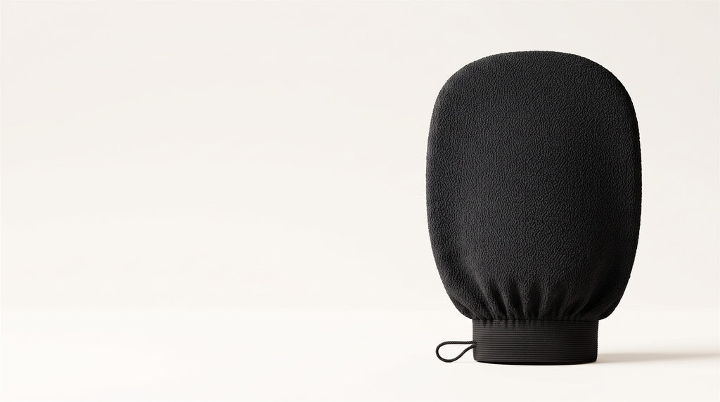 Black exfoliating mitt standing upright, showing its woven viscose texture